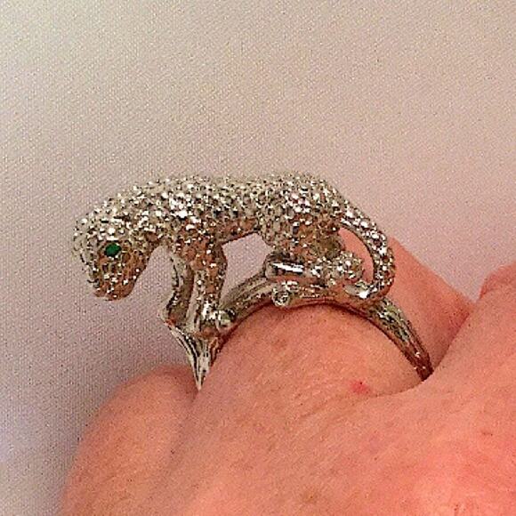 Vintage Sterling Silver Leopard Ring, Green Eyes Art Deco - Picture 11 of 12